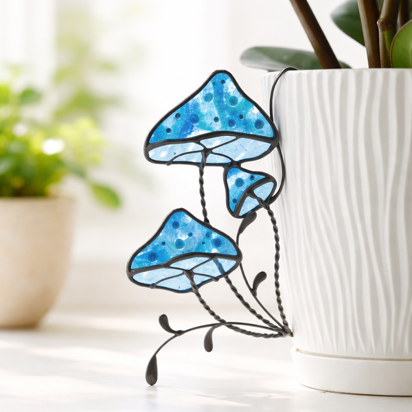 Stained Glass Mushroom Plant Stake – Fly Agaric Toadstool, Whimsical Pot & Garden Decor