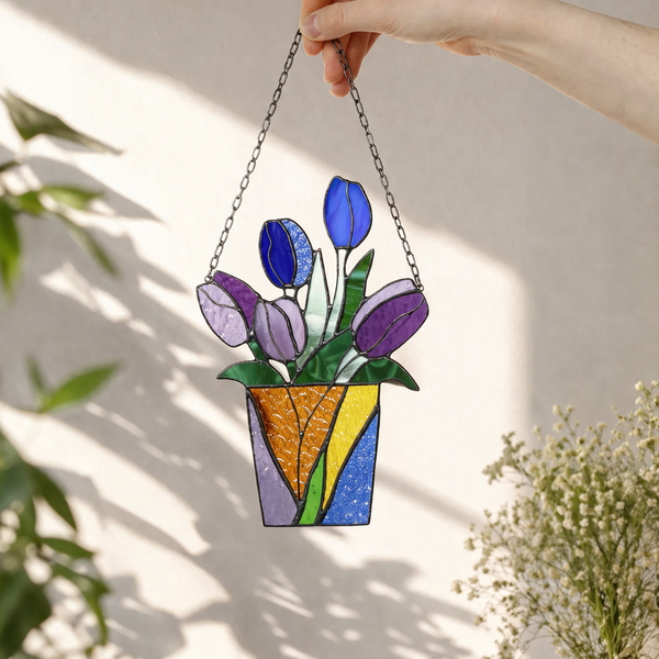 Bouquet Flower Tulips Stained Glass SuncatcherFlowerpot