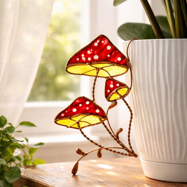 Stained Glass Plant Stake Fly agaric, Toadstool Art, Whimsical Pot Decor Mushroom