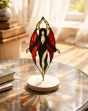 Stained Glass Dracula Figurine | Gothic Vampire Statue on Wooden Base | Halloween Decor | Plant Pot Stake