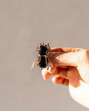 A hand holding a small metallic bee-shaped accessory against a plain warm gray background.