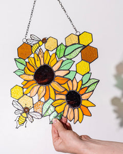 Yellow Honeycombs Bee Panel, Sunflower Suncatcher, Stain Glass Window Art
