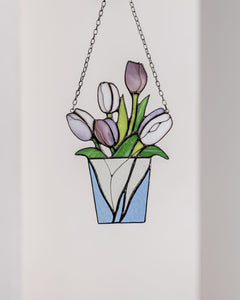 Bouquet Flower Tulips Stained Glass SuncatcherFlowerpot