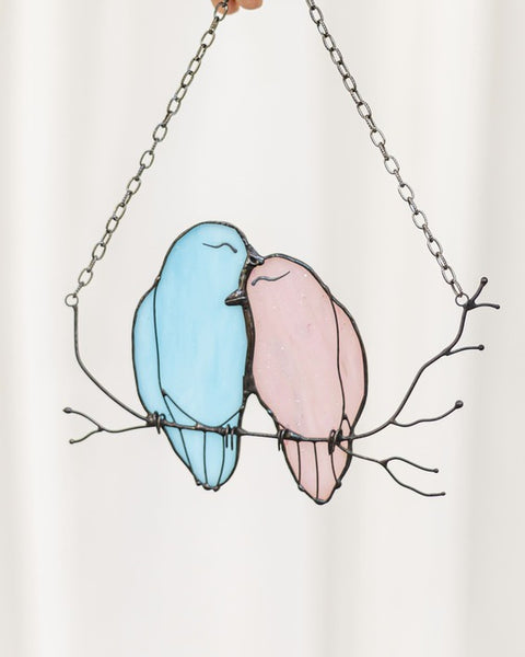Pink and Blue Lover Birds Stained Glass Suncatcher – Spring Nature Ornament