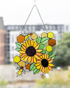 Yellow Honeycombs Bee Panel, Sunflower Suncatcher, Stain Glass Window Art