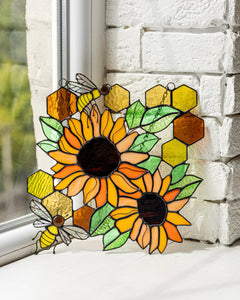 Yellow Honeycombs Bee Panel, Sunflower Suncatcher, Stain Glass Window Art