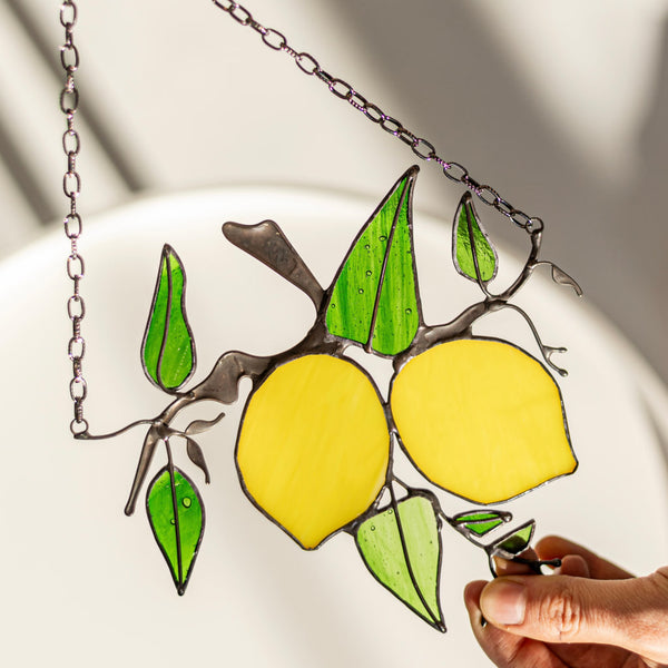 Yellow Lemon Sprig Suncatcher – Stained Glass Panel for Wall or Window Décor