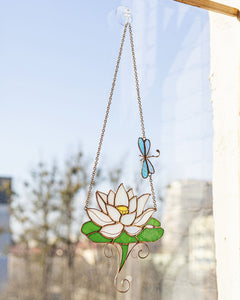 Pink Water Lily Suncatcher – Stained Glass Lotus Window Décor, Dichroic Art