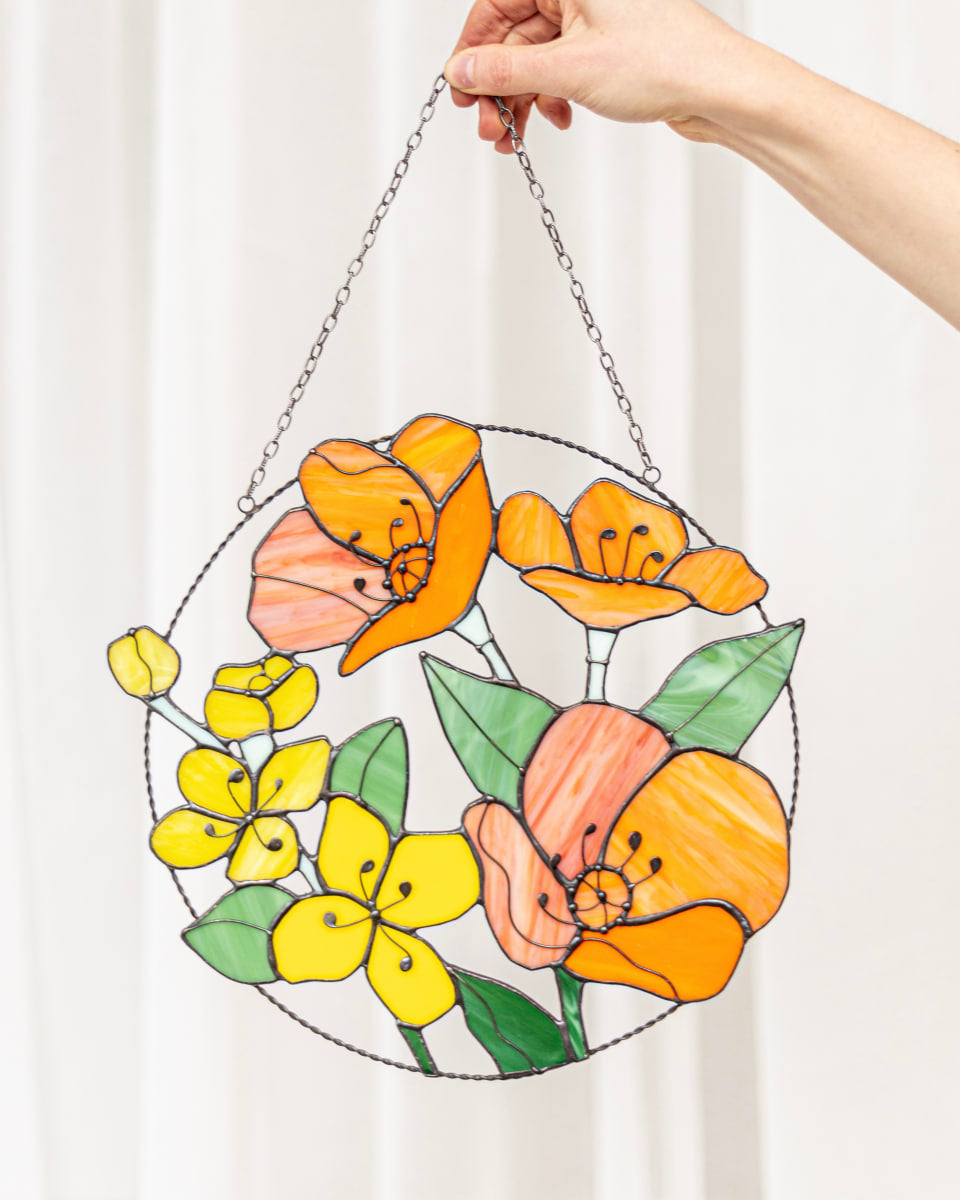 California Poppies and Jasmine Stained Glass Suncatcher – Garden Window Décor, Mother’s Day Gift