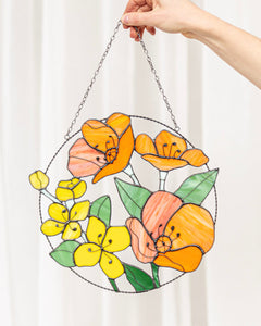 California Poppies and Jasmine Stained Glass Suncatcher – Garden Window Décor, Mother’s Day Gift