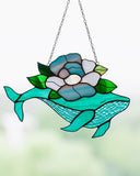 Whale with flowers Suncatcher, Stain Glass Decor Turquoise Window Hangings