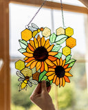 Yellow Honeycombs Bee Panel, Sunflower Suncatcher, Stain Glass Window Art