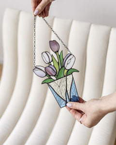 Bouquet Flower Tulips Stained Glass SuncatcherFlowerpot