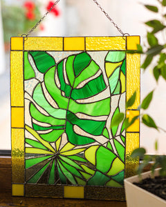 Stained glass panel, Monstera Leaf