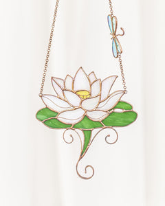 Pink Water Lily Suncatcher – Stained Glass Lotus Window Décor, Dichroic Art
