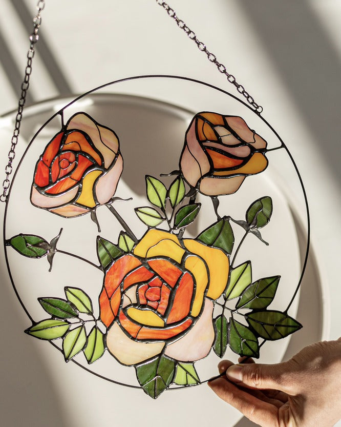 Yellow Roses Stained Glass Suncatcher – Flower Window Décor, Gift for Mom