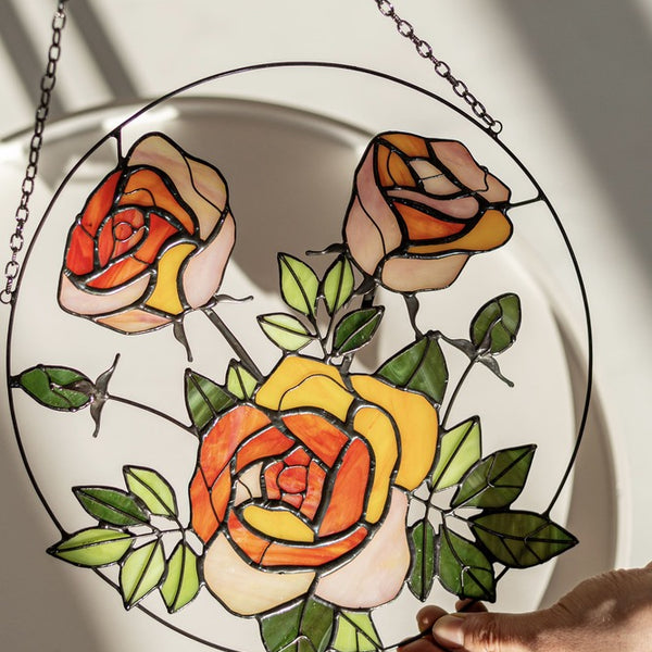Yellow Roses Stained Glass Suncatcher – Flower Window Décor, Gift for Mom