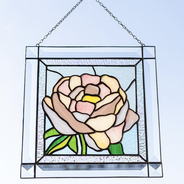 Pink Peony Suncatcher – Stained Glass Flower Panel, Window Hanging Gift