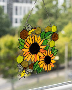 Yellow Honeycombs Bee Panel, Sunflower Suncatcher, Stain Glass Window Art