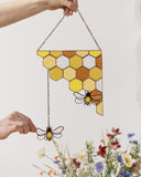 Yellow Corner Honeycombs Bee Suncatcher, Stained Glass Wall Decoration