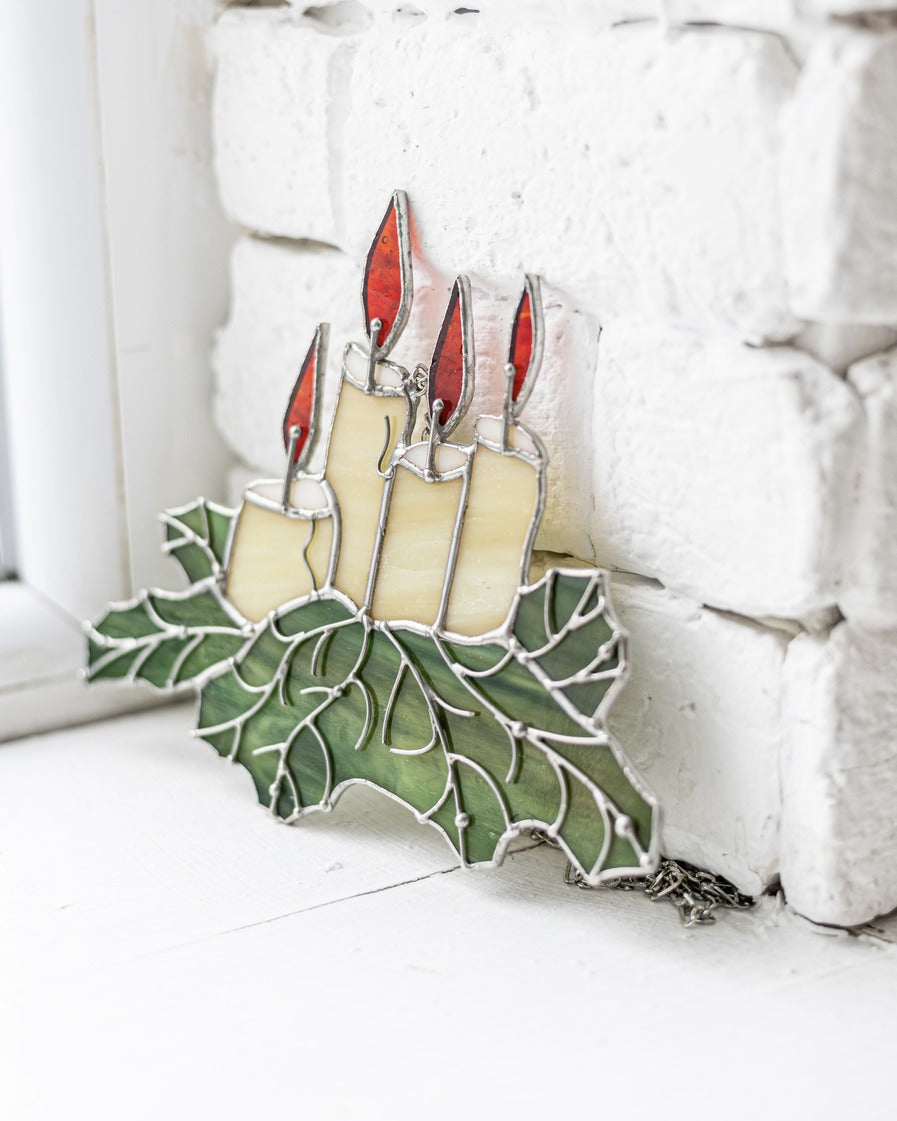 Stained Glass Festive Candle Suncatcher – Christmas Window Décor