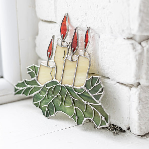 Stained Glass Festive Candle Suncatcher – Christmas Window Décor