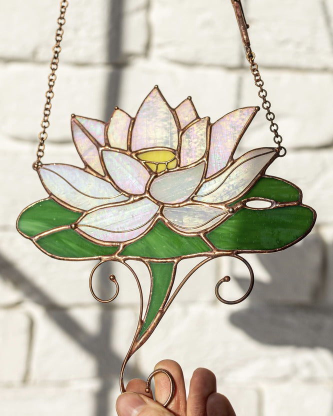 Pink Water Lily Suncatcher – Stained Glass Lotus Window Décor, Dichroic Art