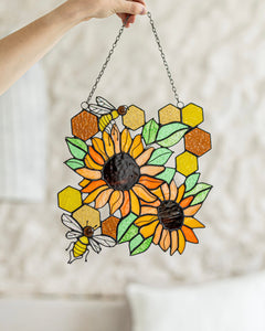 Yellow Honeycombs Bee Panel, Sunflower Suncatcher, Stain Glass Window Art