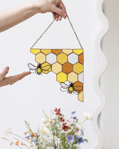 Yellow Corner Honeycombs Bee Suncatcher, Stained Glass Wall Decoration