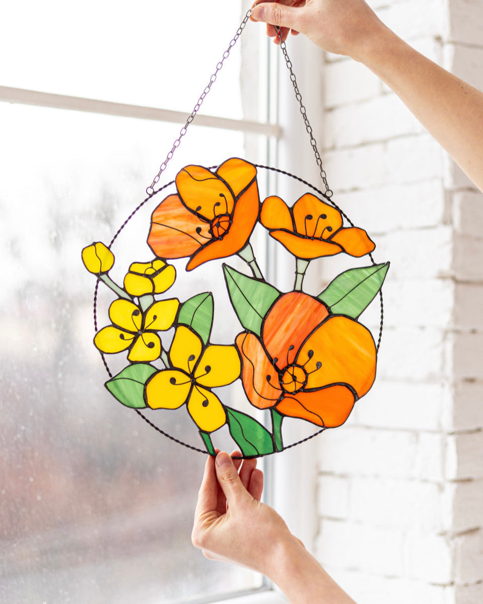 California Poppies and Jasmine Stained Glass Suncatcher – Garden Window Décor, Mother’s Day Gift