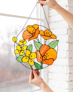 California Poppies and Jasmine Stained Glass Suncatcher – Garden Window Décor, Mother’s Day Gift
