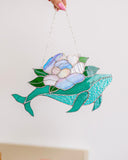 Whale with flowers Suncatcher, Stain Glass Decor Turquoise Window Hangings