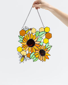 Yellow Honeycombs Bee Panel, Sunflower Suncatcher, Stain Glass Window Art