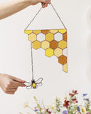 Yellow Corner Honeycombs Bee Suncatcher, Stained Glass Wall Decoration