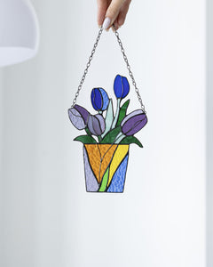 Bouquet Flower Tulips Stained Glass SuncatcherFlowerpot