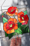 Red Poppy Flower Suncatcher – Stained Glass Panel Window Décor, Remembrance Gift