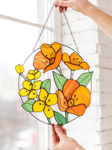 California Poppies and Jasmine Stained Glass Suncatcher – Garden Window Décor, Mother’s Day Gift