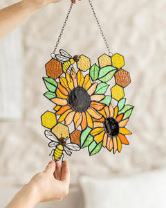 Yellow Honeycombs Bee Panel, Sunflower Suncatcher, Stain Glass Window Art
