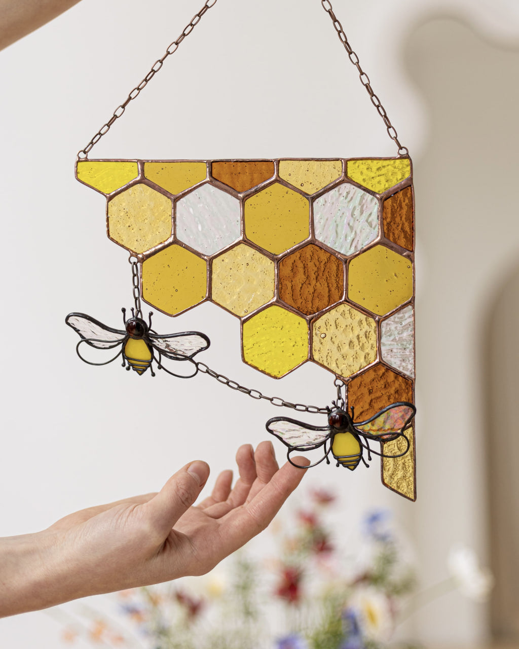Yellow Corner Honeycombs Bee Suncatcher, Stained Glass Wall Decoration