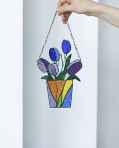 Bouquet Flower Tulips Stained Glass SuncatcherFlowerpot