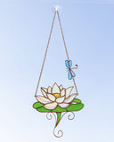 Pink Water Lily Suncatcher – Stained Glass Lotus Window Décor, Dichroic Art