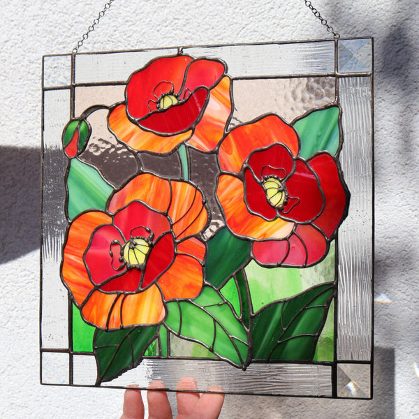 Red Poppy Flower Suncatcher – Stained Glass Panel Window Décor, Remembrance Gift