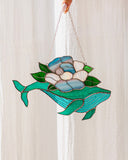 Whale with flowers Suncatcher, Stain Glass Decor Turquoise Window Hangings