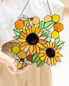 Yellow Honeycombs Bee Panel, Sunflower Suncatcher, Stain Glass Window Art