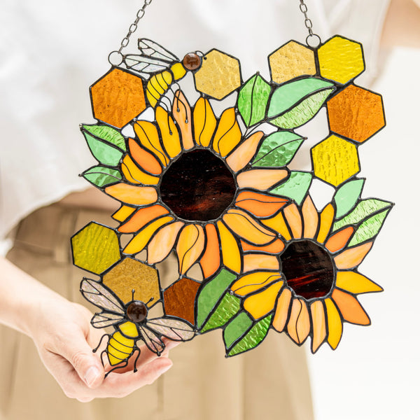 Yellow Honeycombs Bee Panel, Sunflower Suncatcher, Stain Glass Window Art