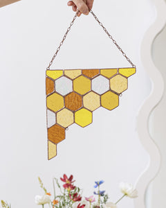 Yellow Corner Honeycombs Bee Suncatcher, Stained Glass Wall Decoration