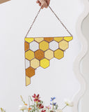 Yellow Corner Honeycombs Bee Suncatcher, Stained Glass Wall Decoration