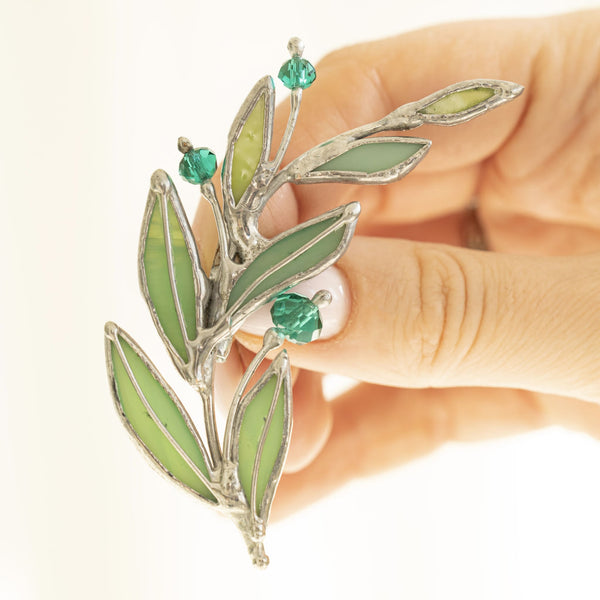 Elegant laurel branch stained glass brooch, handmade decorative accessory for clothing, bags, and nature-inspired style