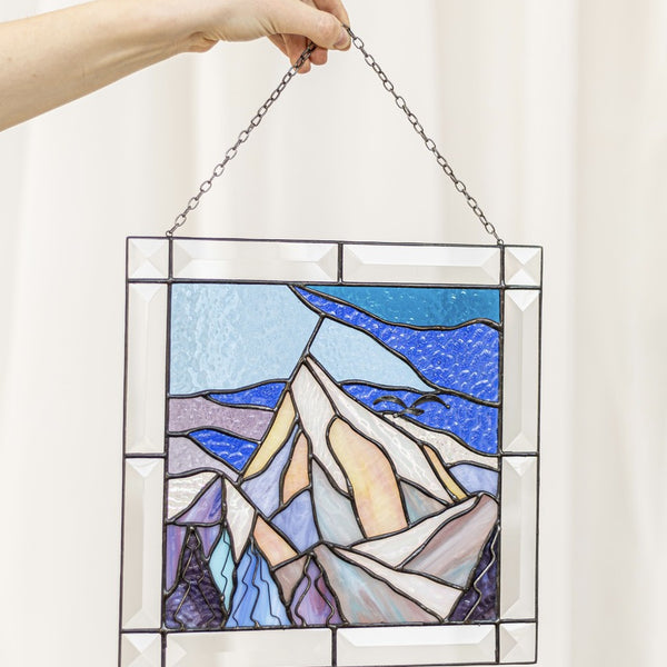 Blue and Pink Stained Glass Suncatcher – Mountain Panel Window Décor