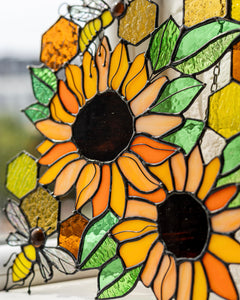 Yellow Honeycombs Bee Panel, Sunflower Suncatcher, Stain Glass Window Art